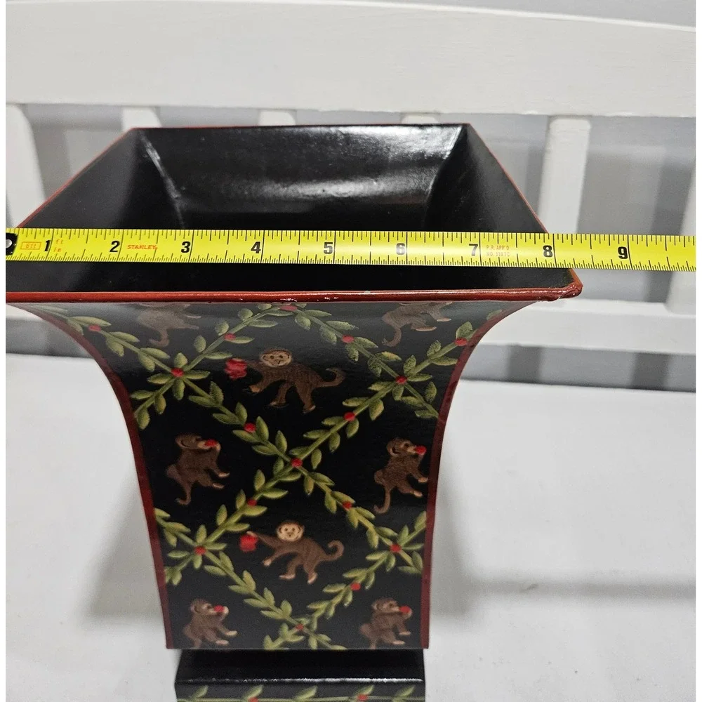 Vintage Toleware Vase or Cachepot Feat. Handpainted Monkeys & Vines